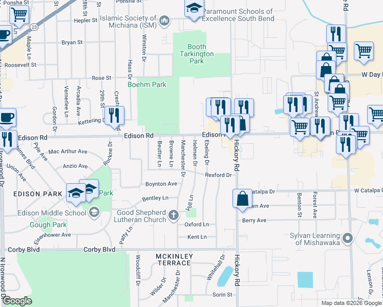 map of restaurants, bars, coffee shops, grocery stores, and more near 1325 Helmen Drive in South Bend