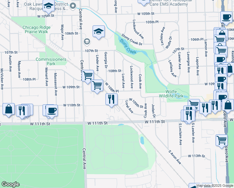 map of restaurants, bars, coffee shops, grocery stores, and more near 10845 Long Avenue in Oak Lawn
