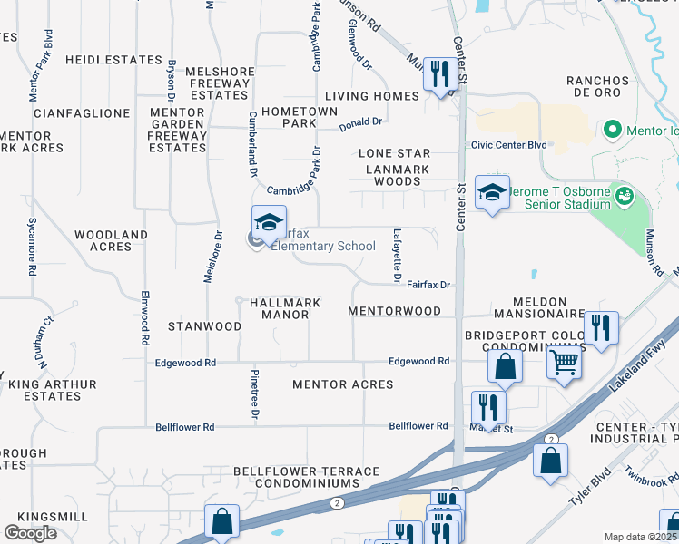 map of restaurants, bars, coffee shops, grocery stores, and more near 8246 Fairfax Drive in Mentor