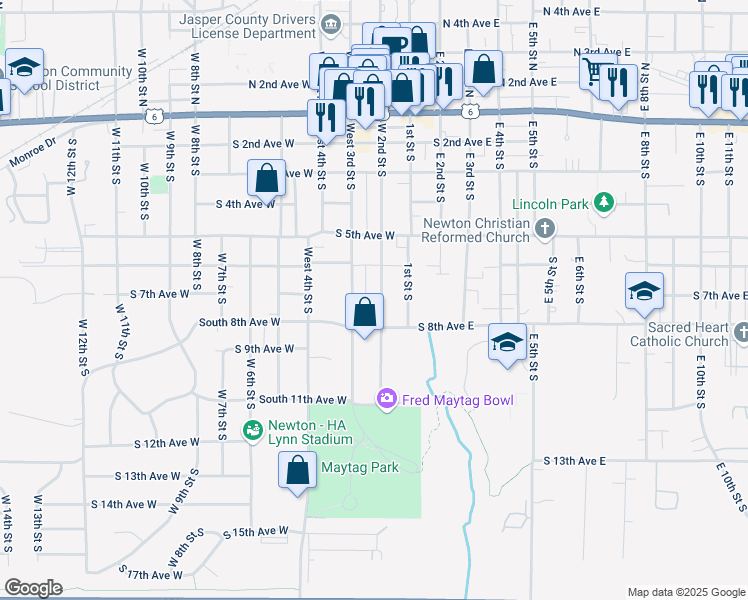 map of restaurants, bars, coffee shops, grocery stores, and more near 703 West 2nd Street South in Newton