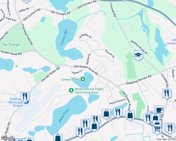 map of restaurants, bars, coffee shops, grocery stores, and more near 357 Old Queen Anne Road in Chatham