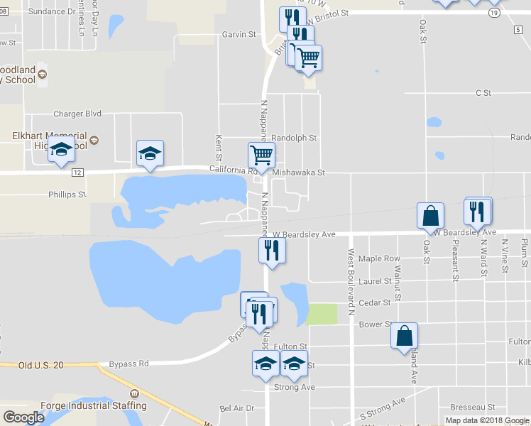 map of restaurants, bars, coffee shops, grocery stores, and more near 902 North Nappanee Street in Elkhart