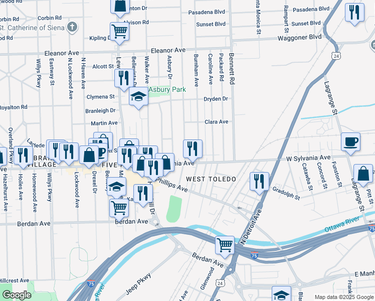 map of restaurants, bars, coffee shops, grocery stores, and more near 4028 Vermaas Avenue in Toledo