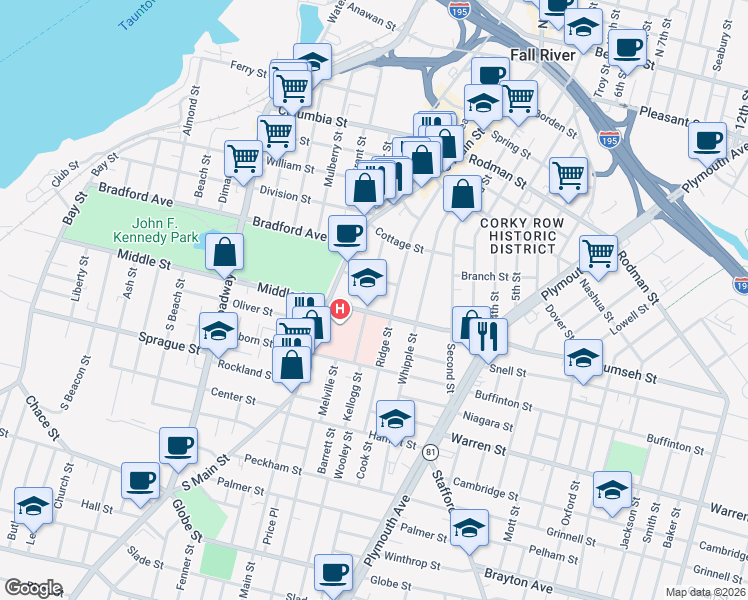 map of restaurants, bars, coffee shops, grocery stores, and more near 37 Park Street in Fall River
