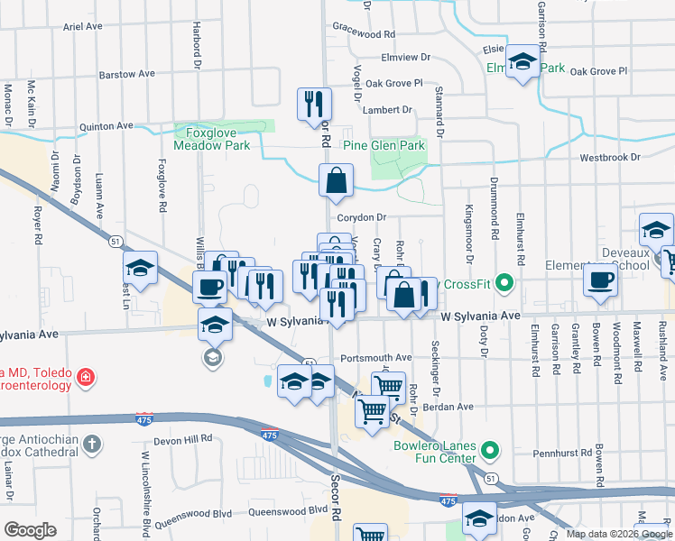map of restaurants, bars, coffee shops, grocery stores, and more near 4128 Eastbrook Drive in Toledo