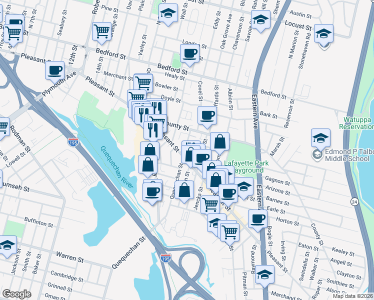 map of restaurants, bars, coffee shops, grocery stores, and more near 1112 Pleasant Street in Fall River