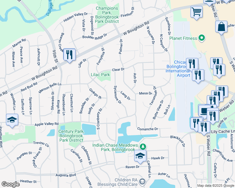map of restaurants, bars, coffee shops, grocery stores, and more near 136 Sycamore Drive in Bolingbrook