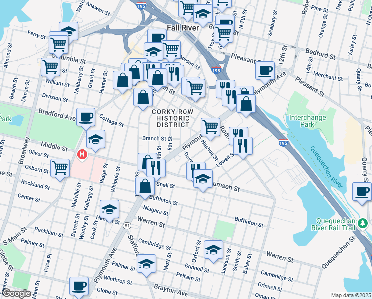 map of restaurants, bars, coffee shops, grocery stores, and more near 261 John Street in Fall River