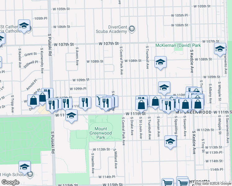 map of restaurants, bars, coffee shops, grocery stores, and more near 10934 Central Park Avenue in Chicago