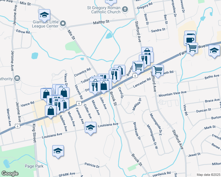 map of restaurants, bars, coffee shops, grocery stores, and more near 871 Farmington Avenue in Bristol