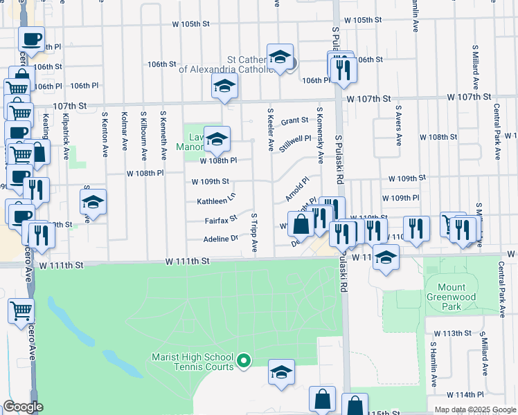 map of restaurants, bars, coffee shops, grocery stores, and more near 10933 South Tripp Avenue in Oak Lawn