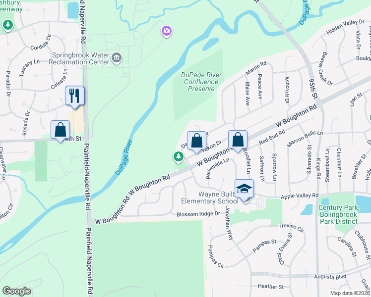 map of restaurants, bars, coffee shops, grocery stores, and more near 1920 Danube Way in Bolingbrook