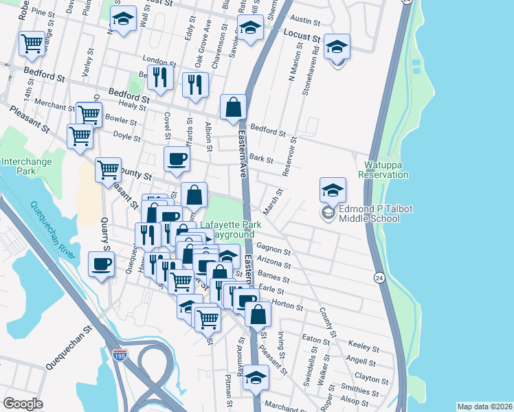 map of restaurants, bars, coffee shops, grocery stores, and more near 53 Buckley Street in Fall River