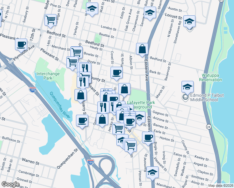 map of restaurants, bars, coffee shops, grocery stores, and more near 15 Thomas Street in Fall River