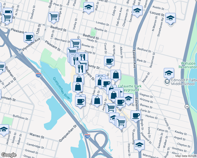 map of restaurants, bars, coffee shops, grocery stores, and more near 1112 Pleasant Street in Fall River