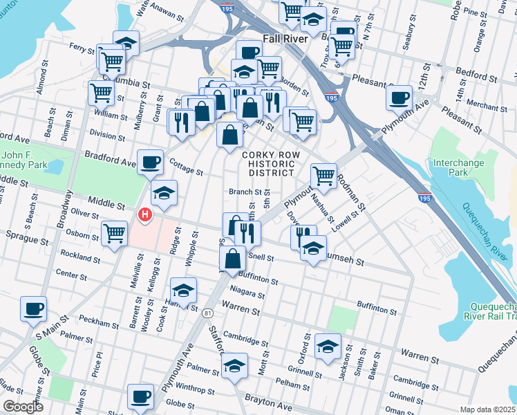 map of restaurants, bars, coffee shops, grocery stores, and more near 496 4th Street in Fall River