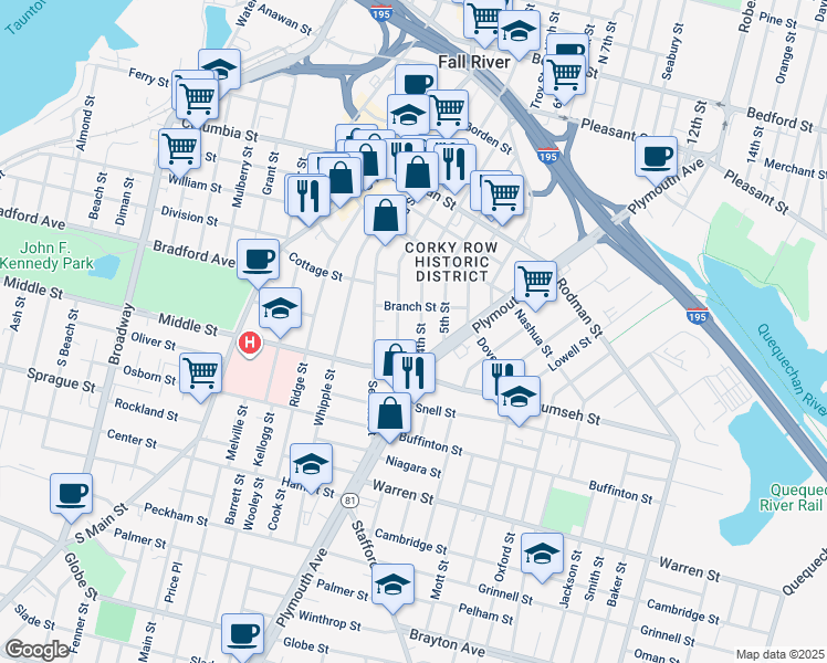 map of restaurants, bars, coffee shops, grocery stores, and more near 496 4th Street in Fall River