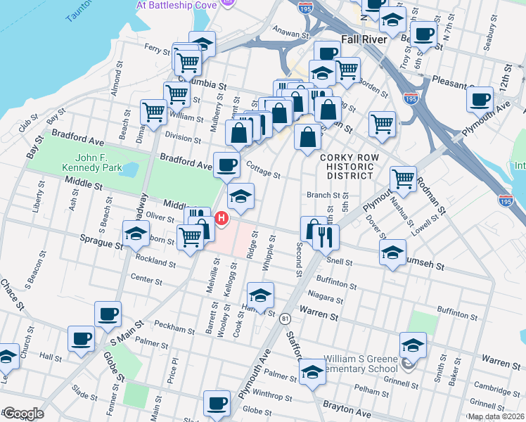 map of restaurants, bars, coffee shops, grocery stores, and more near 261 Ridge Street in Fall River