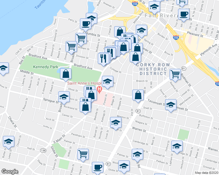 map of restaurants, bars, coffee shops, grocery stores, and more near 37 Park Street in Fall River