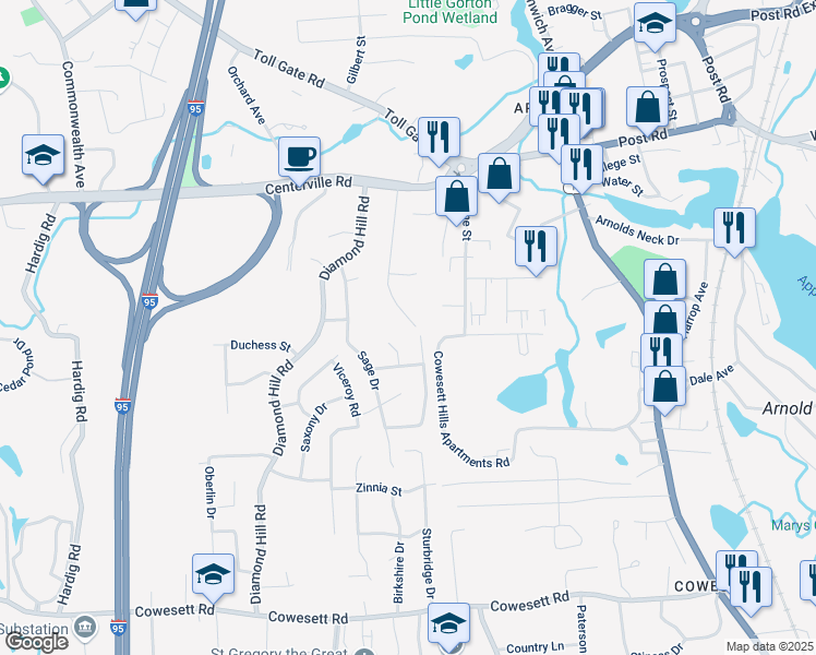 map of restaurants, bars, coffee shops, grocery stores, and more near 145 Drum Rock Avenue in Warwick