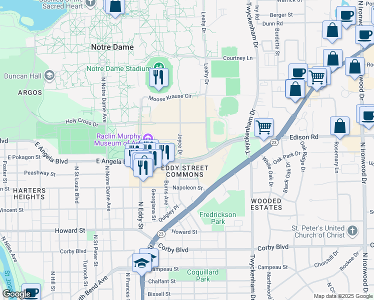 map of restaurants, bars, coffee shops, grocery stores, and more near 1289-1433 Edison Rd in South Bend