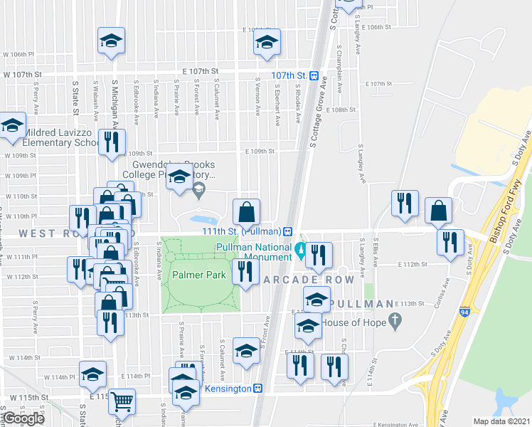 map of restaurants, bars, coffee shops, grocery stores, and more near 11017 South Vernon Avenue in Chicago