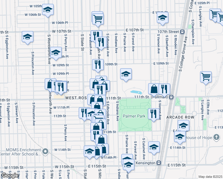 map of restaurants, bars, coffee shops, grocery stores, and more near 11015 South Edbrooke Avenue in Chicago