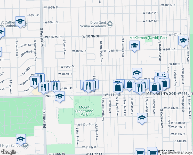 map of restaurants, bars, coffee shops, grocery stores, and more near 10934 Central Park Avenue in Chicago