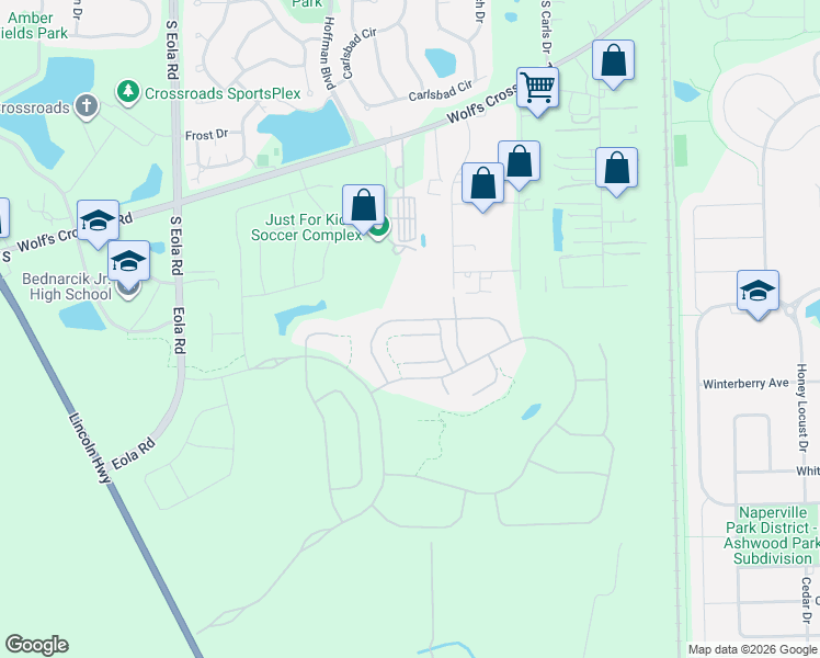 map of restaurants, bars, coffee shops, grocery stores, and more near 25636 Wolf's Crossing Road in Plainfield