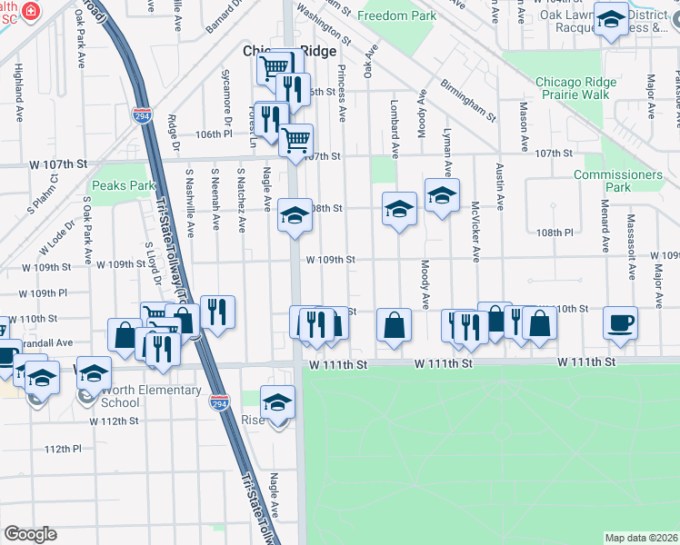 map of restaurants, bars, coffee shops, grocery stores, and more near 10900 Princess Avenue in Chicago Ridge