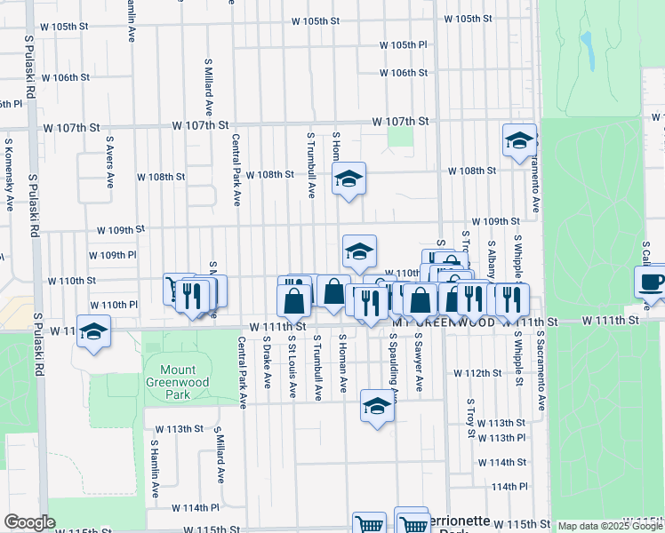 map of restaurants, bars, coffee shops, grocery stores, and more near 10950 South Homan Avenue in Chicago