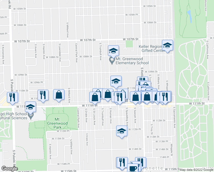 map of restaurants, bars, coffee shops, grocery stores, and more near 10950 South Homan Avenue in Chicago