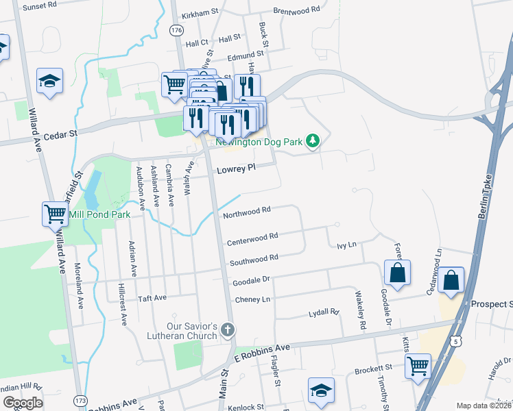 map of restaurants, bars, coffee shops, grocery stores, and more near 54 Northwood Road in Newington
