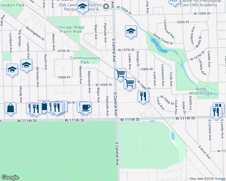 map of restaurants, bars, coffee shops, grocery stores, and more near 10847 Central Avenue in Oak Lawn