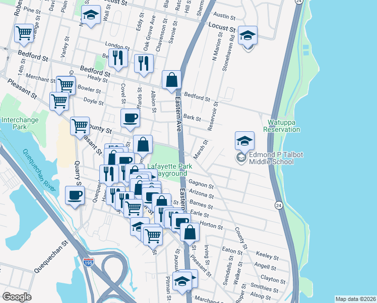 map of restaurants, bars, coffee shops, grocery stores, and more near 53 Buckley Street in Fall River