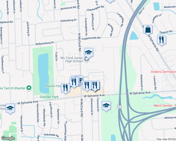 map of restaurants, bars, coffee shops, grocery stores, and more near 6652 Kingsbridge Drive in Sylvania