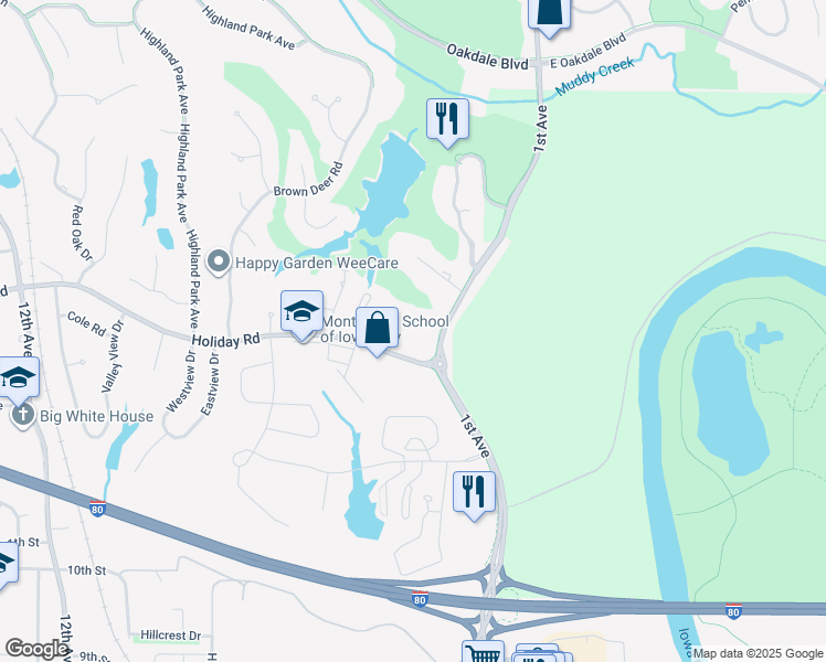 map of restaurants, bars, coffee shops, grocery stores, and more near 1500 1st Avenue in Coralville