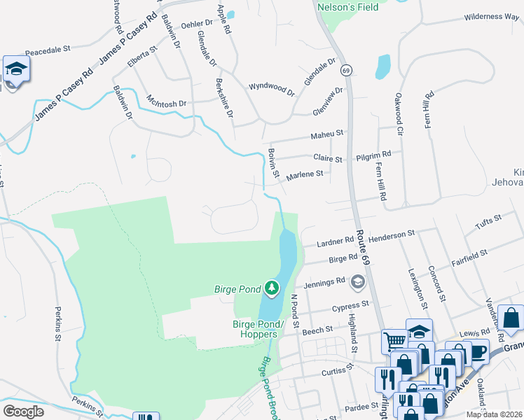 map of restaurants, bars, coffee shops, grocery stores, and more near 222 Pondview Lane in Bristol