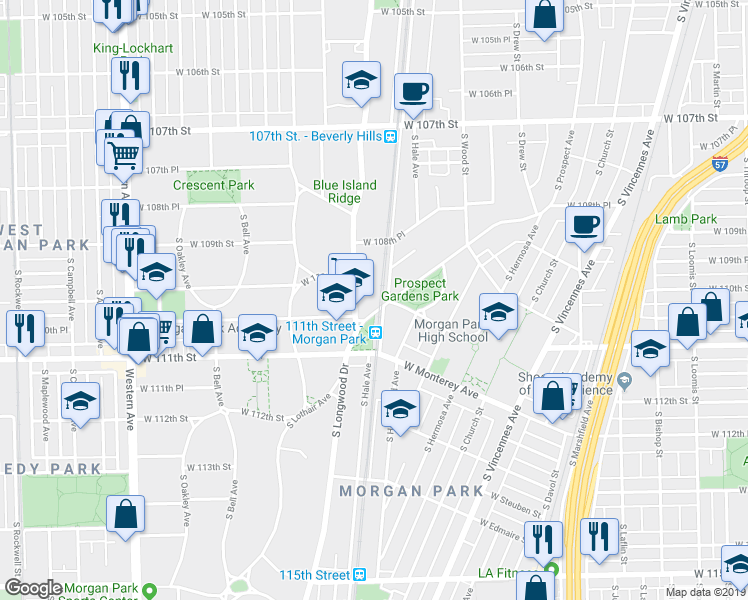 map of restaurants, bars, coffee shops, grocery stores, and more near 11022 South Prospect Avenue in Chicago