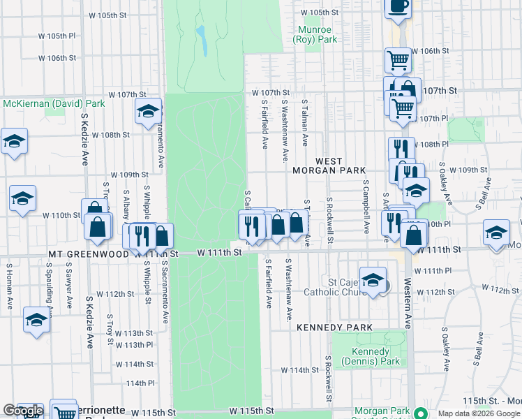 map of restaurants, bars, coffee shops, grocery stores, and more near 10946 South Fairfield Avenue in Chicago