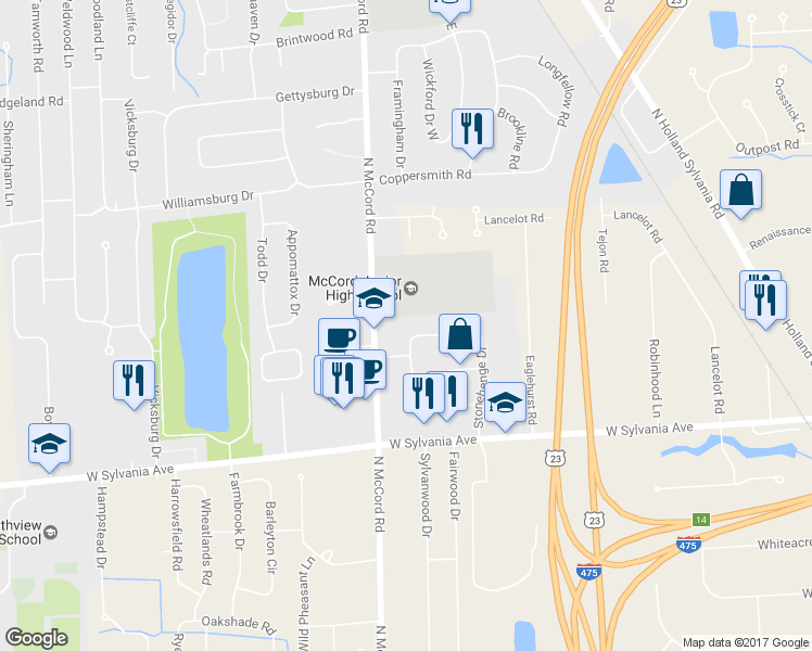 map of restaurants, bars, coffee shops, grocery stores, and more near 6648 Kingsbridge Drive in Sylvania