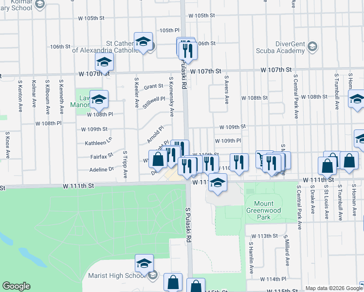 map of restaurants, bars, coffee shops, grocery stores, and more near 10925 South Komensky Avenue in Oak Lawn