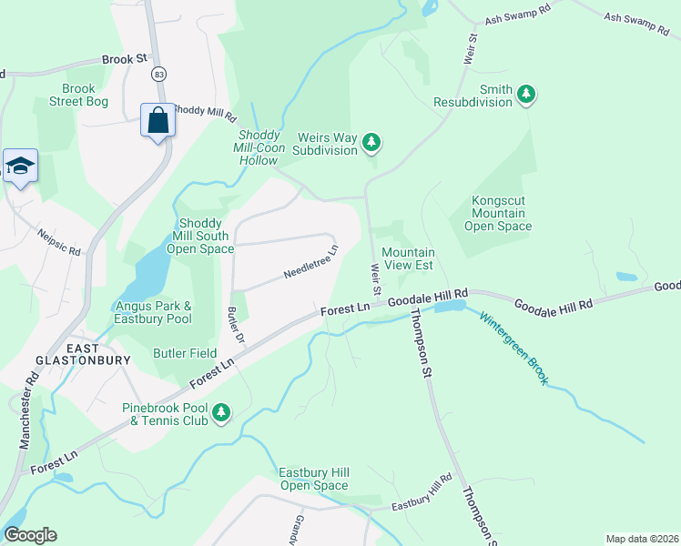 map of restaurants, bars, coffee shops, grocery stores, and more near 116 Needletree Lane in Glastonbury