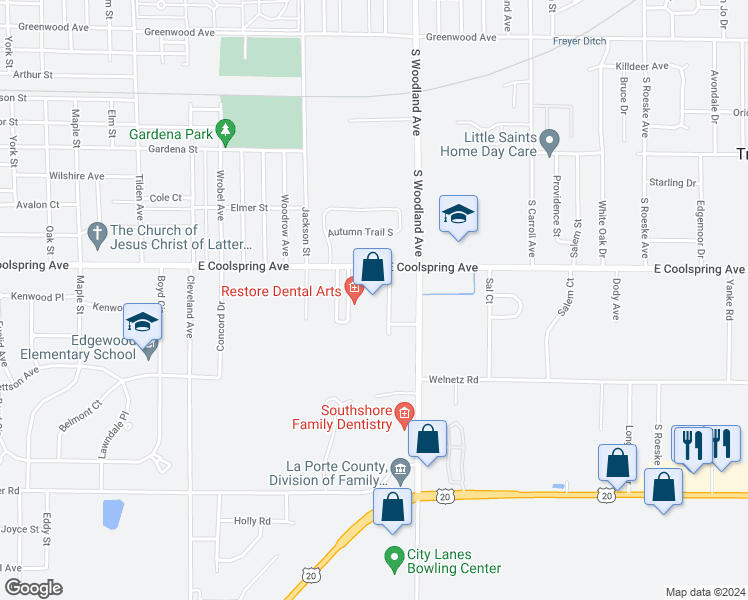map of restaurants, bars, coffee shops, grocery stores, and more near 1225 East Coolspring Avenue in Michigan City