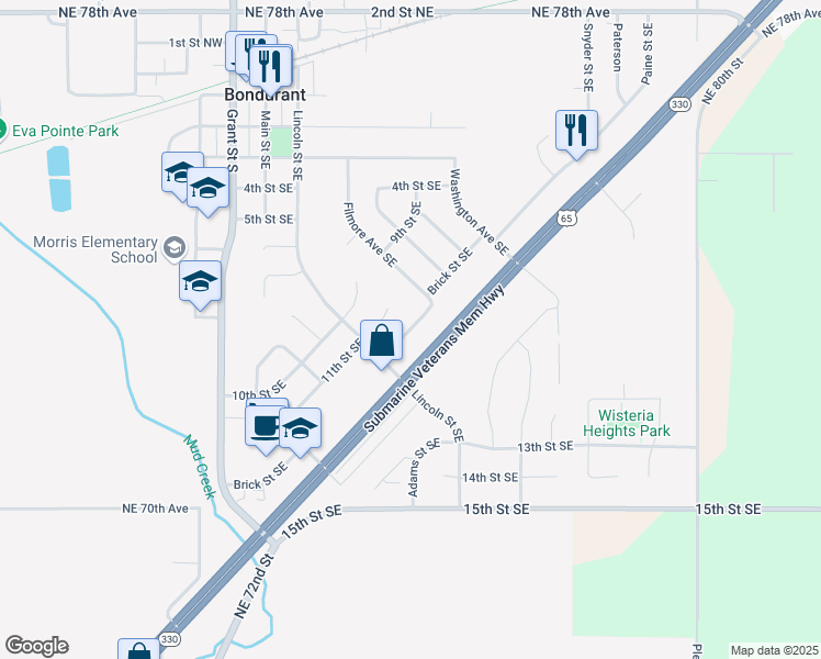 map of restaurants, bars, coffee shops, grocery stores, and more near 515 Brick Street Southeast in Bondurant