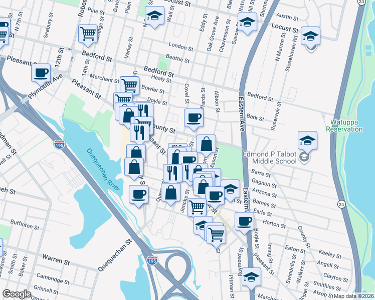 map of restaurants, bars, coffee shops, grocery stores, and more near 34 Canonicus Street in Fall River