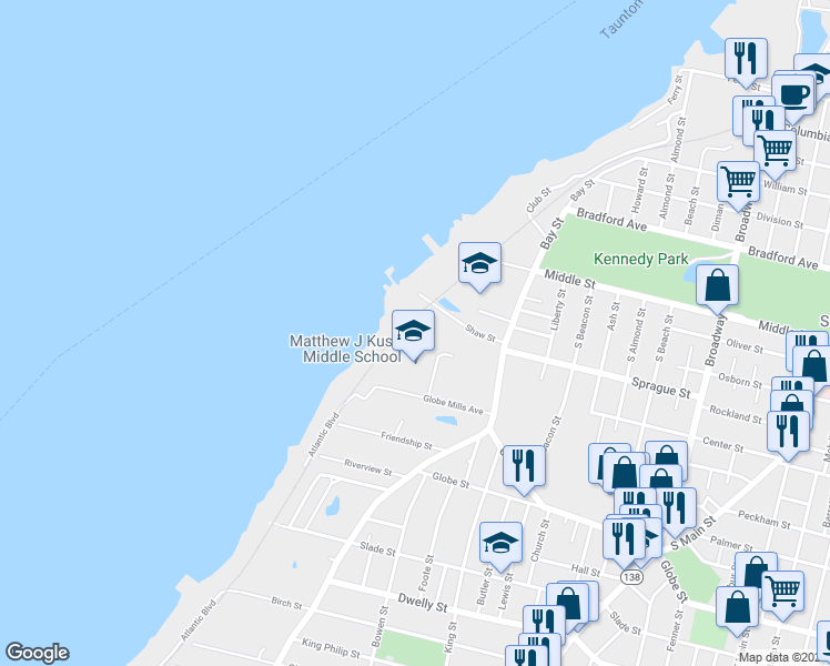 map of restaurants, bars, coffee shops, grocery stores, and more near 296 Draper Street in Fall River