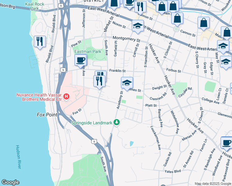 map of restaurants, bars, coffee shops, grocery stores, and more near 150 Academy Street in Poughkeepsie
