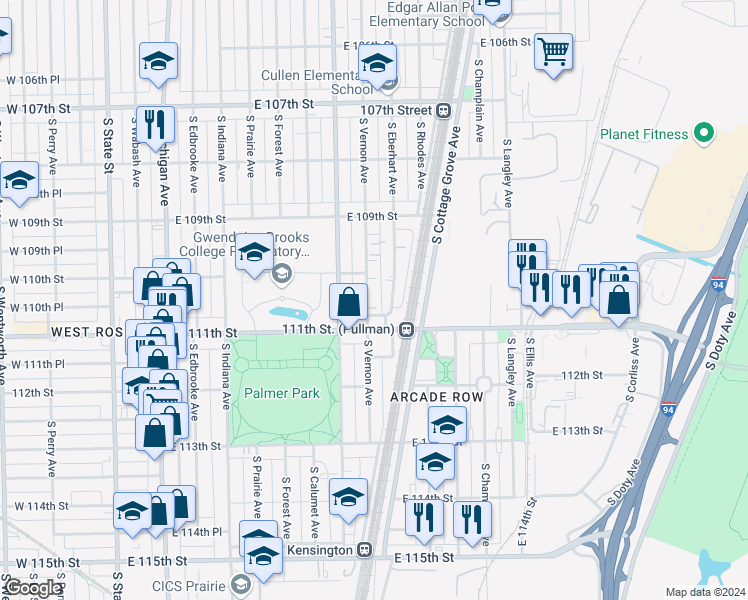 map of restaurants, bars, coffee shops, grocery stores, and more near 11017 South Vernon Avenue in Chicago