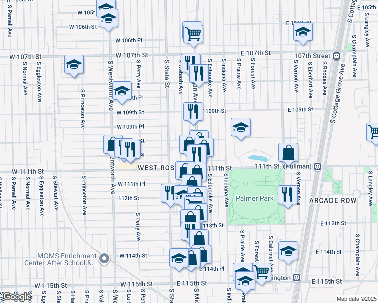 map of restaurants, bars, coffee shops, grocery stores, and more near 11012 South Michigan Avenue in Chicago